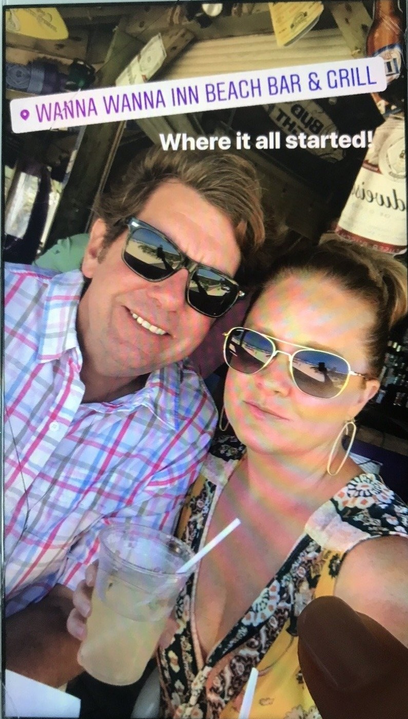 Jay Christopher Humphreys with a companion in a selfie at Wanna Wanna Inn Beach Bar & Grill, overlaid with the text Where it all started.
